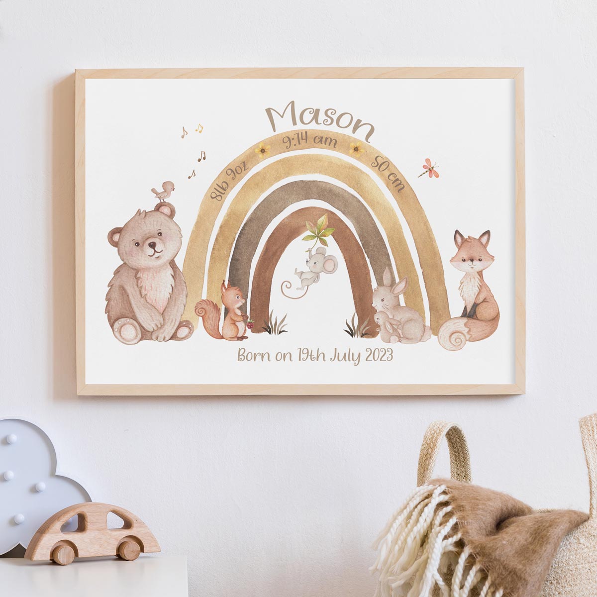 Bear, fox - woodland birth details poster. New baby gift personalised.