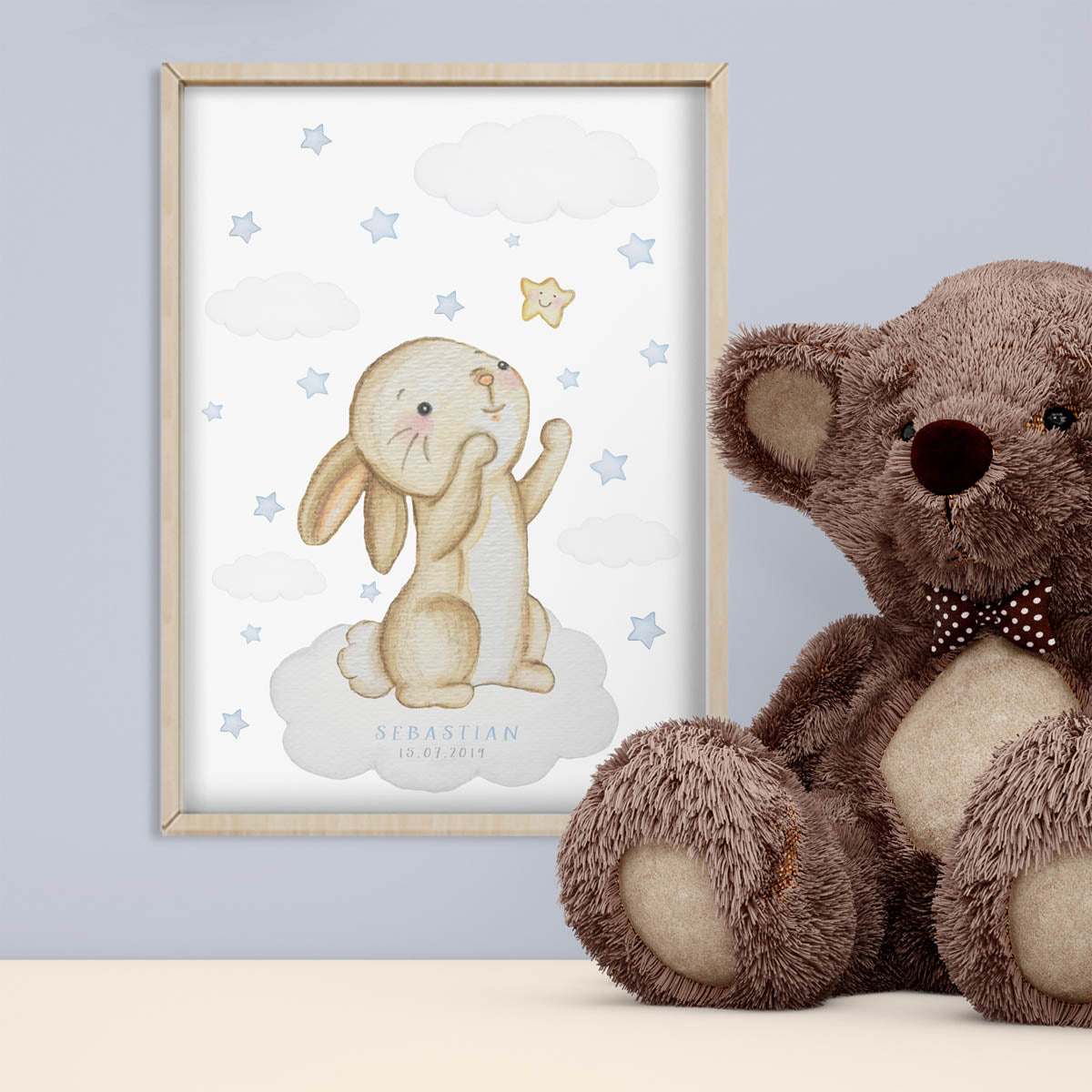 Bunny baby birth print. Blue stars. Gift for boy.
