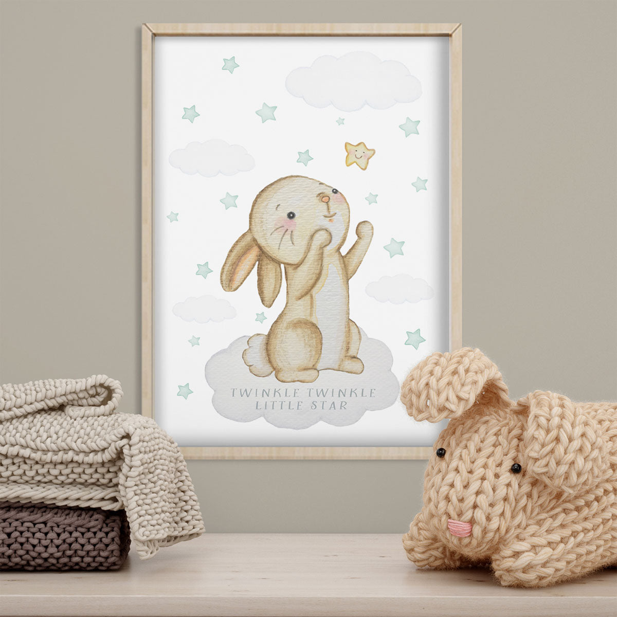 Bunny baby birth stats print. Cloud and stars.