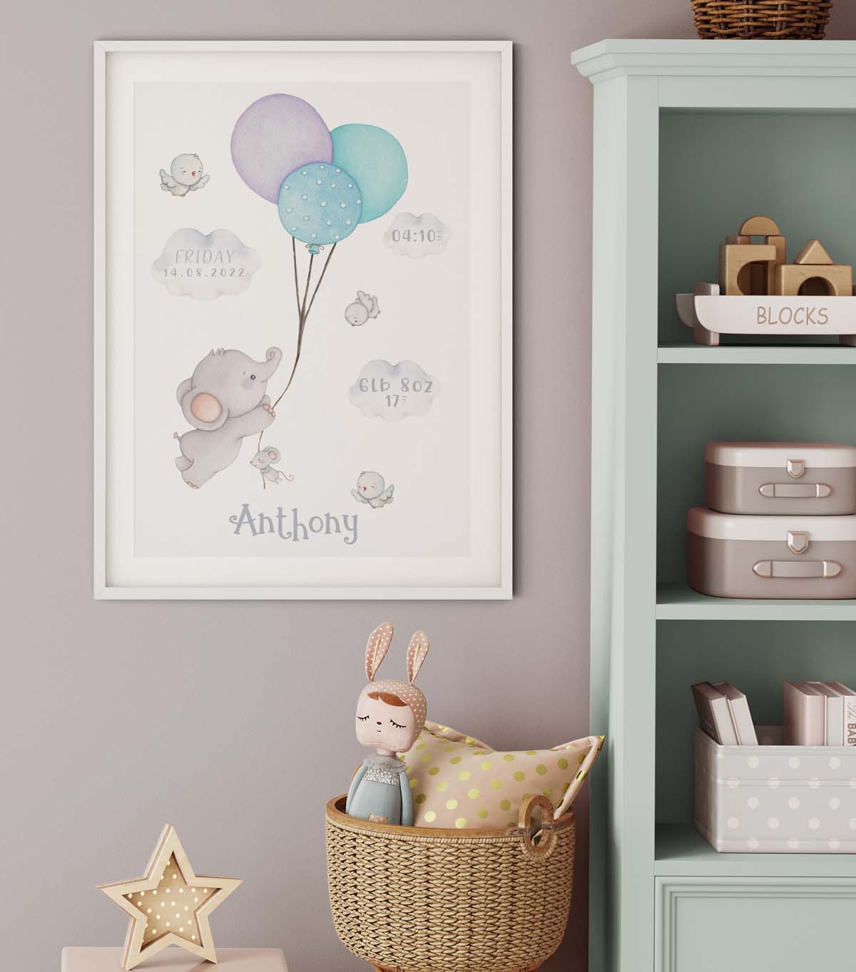 Elephant baby birth stats print. Blue balloons.