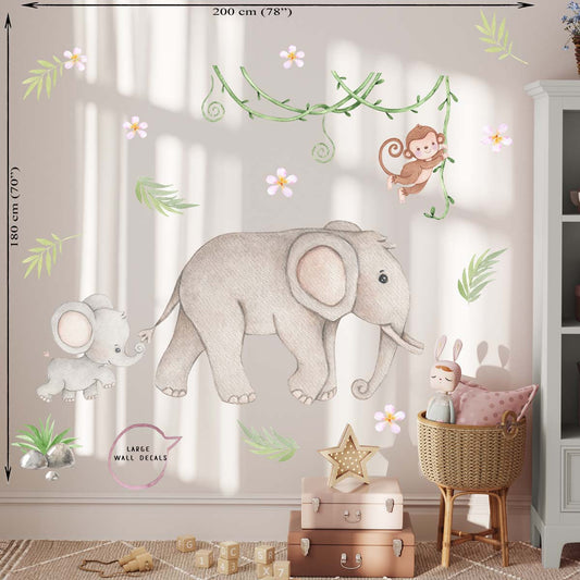 Elephant, monkey on lianas - wall stickers for kids room.