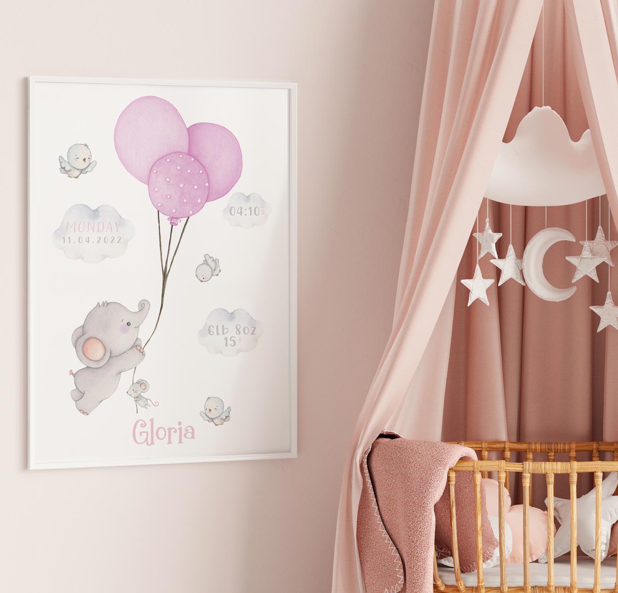 Elephant with pink balloons. Newborn birth poster personalised.