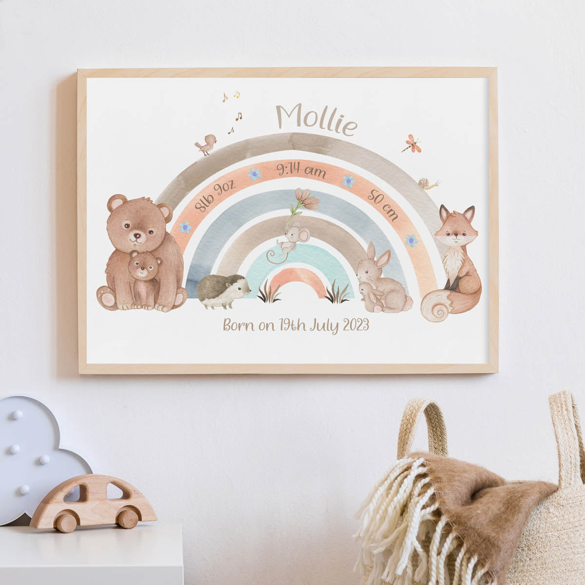 Forest animals - baby birth print. Rainbow, bears, fox. Gift for boy.
