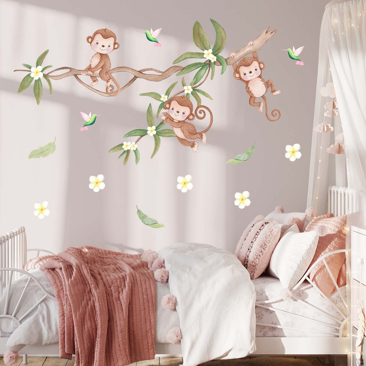 Monkeys large wall stickers for girl bedroom. Jungle.