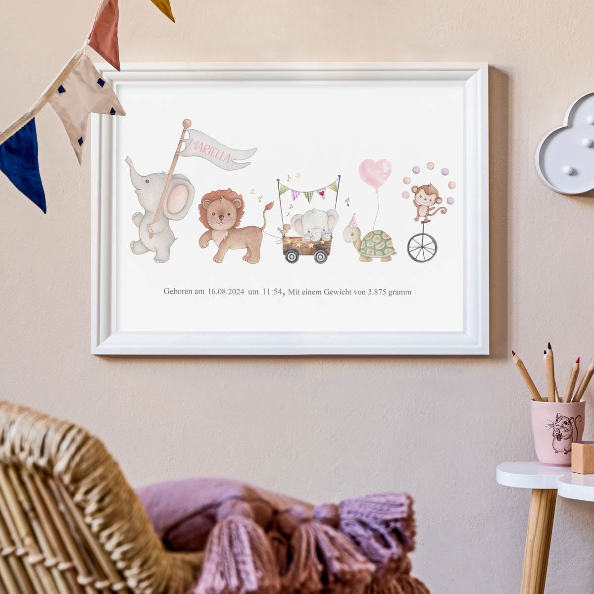 Personalised jungle animals - birth poster. New baby girl gift.