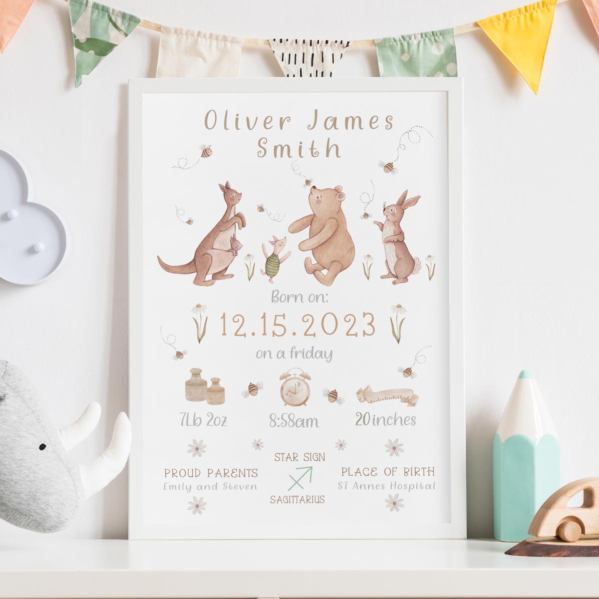 Personalised Winnie the Pooh, Piglet and Kanga. Birth details print. Rabbit newborn gift.