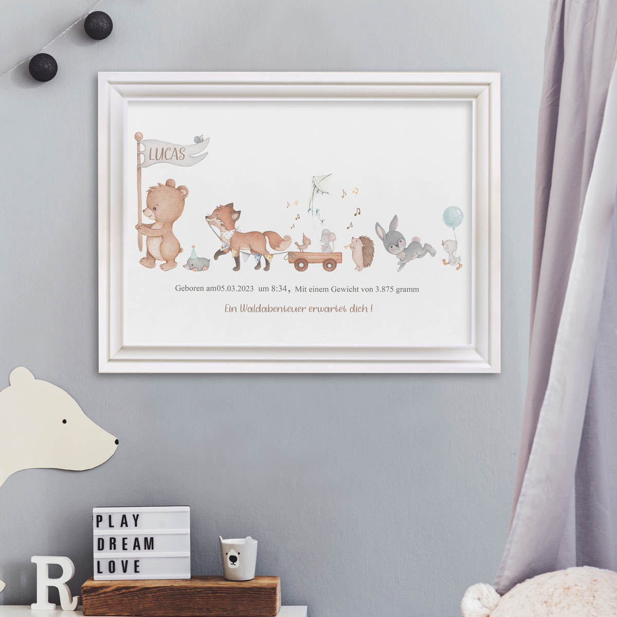 Personalized forest animals - birth print. Baby boy gift.