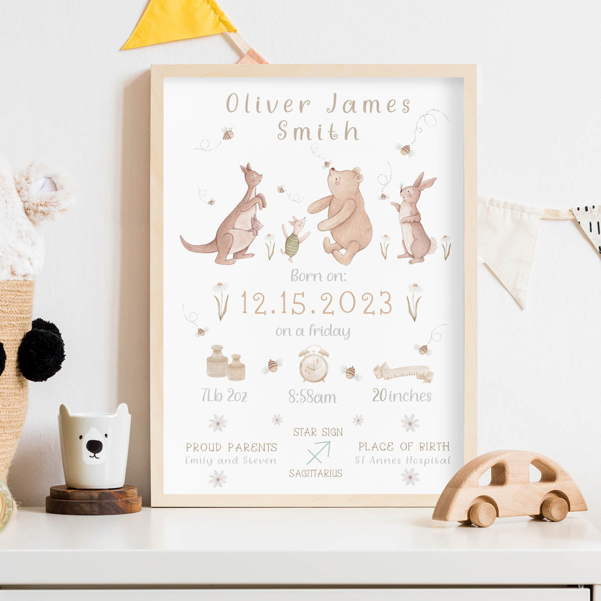 Personalized Kanga birth chart print. New baby gift. Piglet, Winnie-the-Pooh.