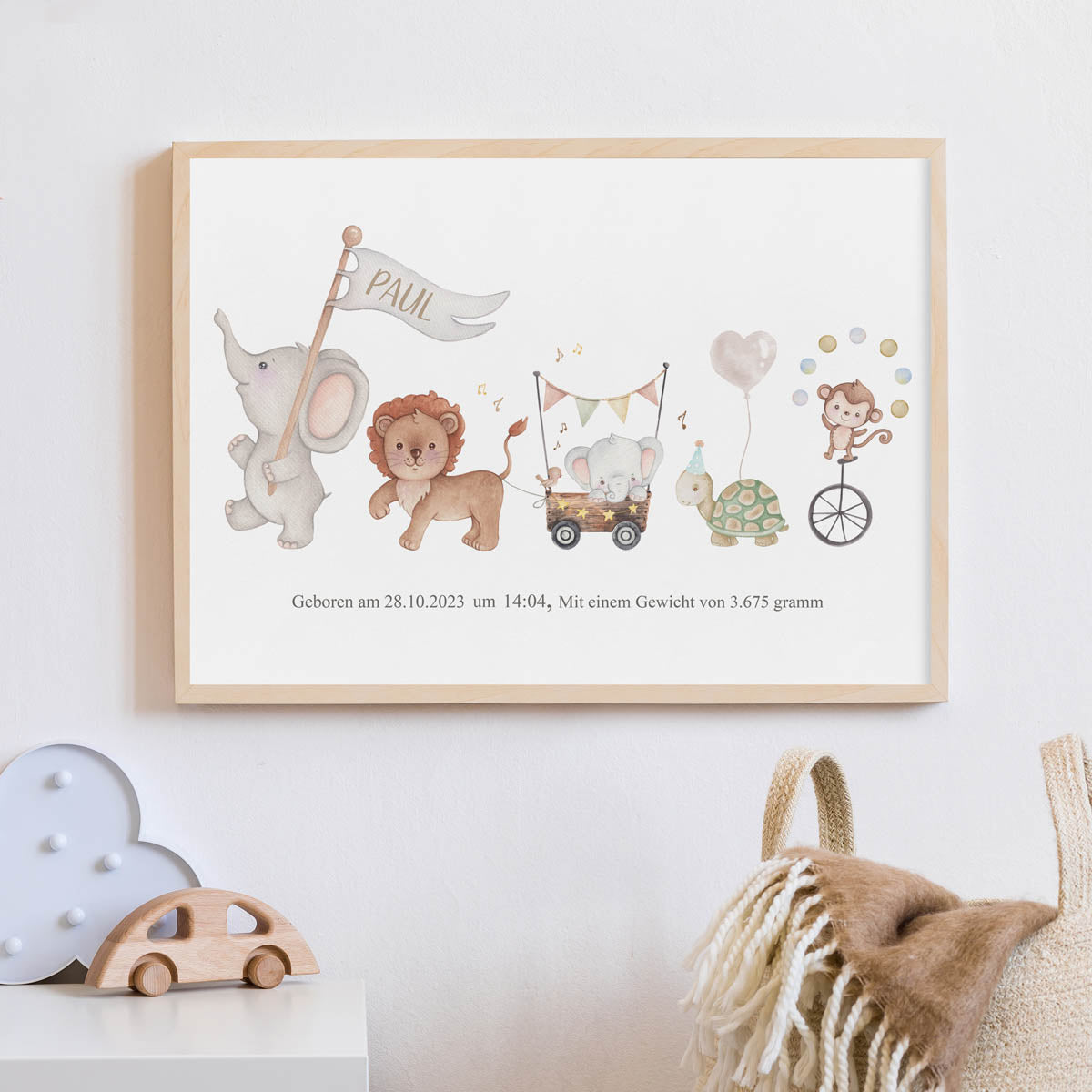 Personalized safari animals - birth print. Newborn baby girl gift.
