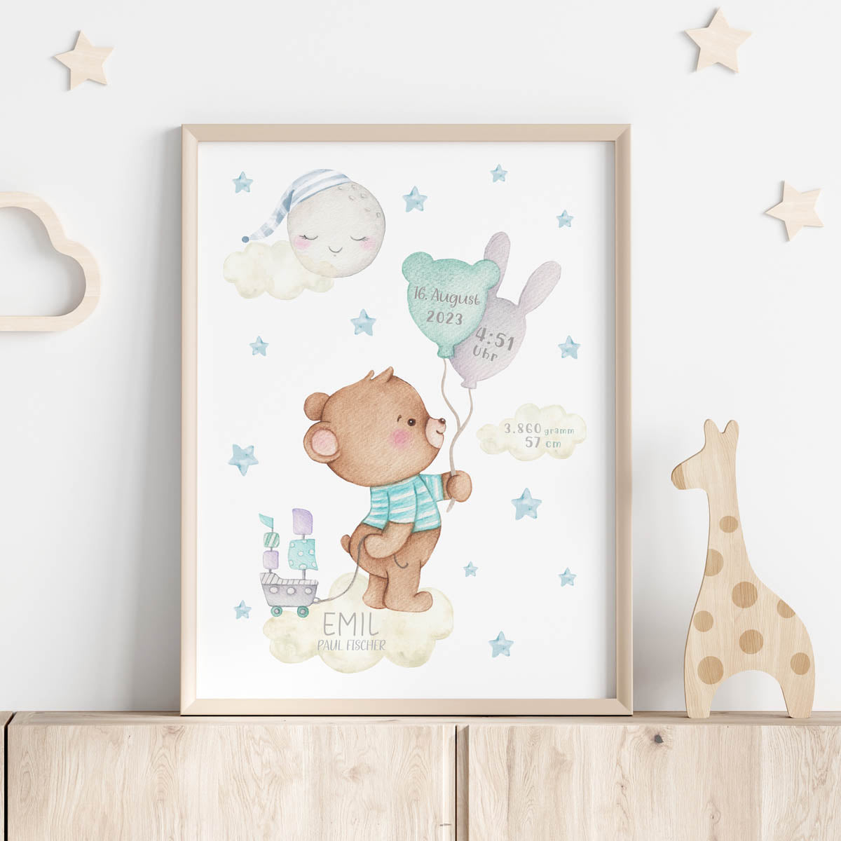 Personalized teddy bear birth chart print. Balloons. Baby gift.