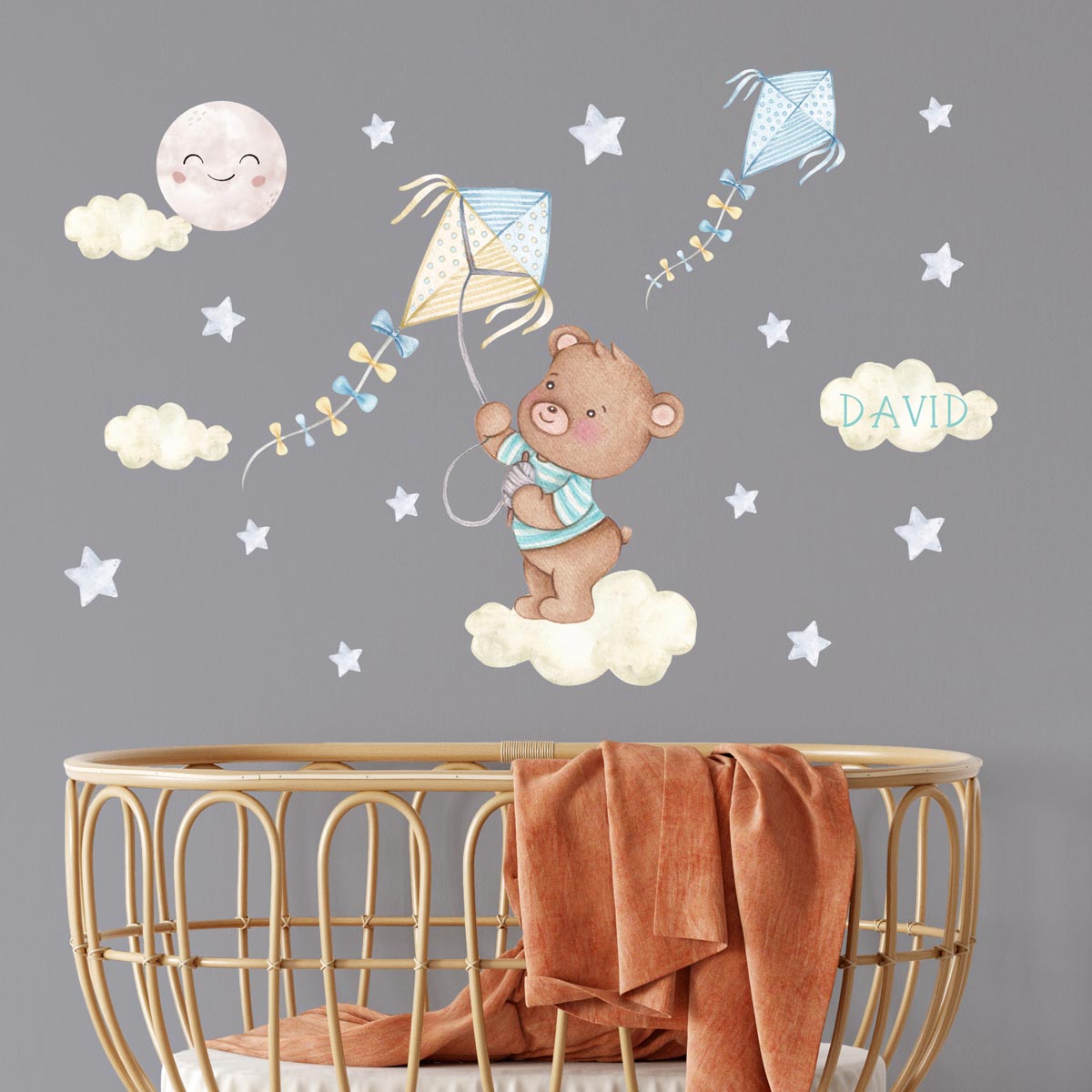 Teddy bear - baby room small wall sticker for newborn. Blue stars.