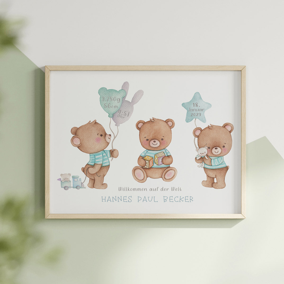 Teddy bear. Blue balloon. Newborn personalized birth print.