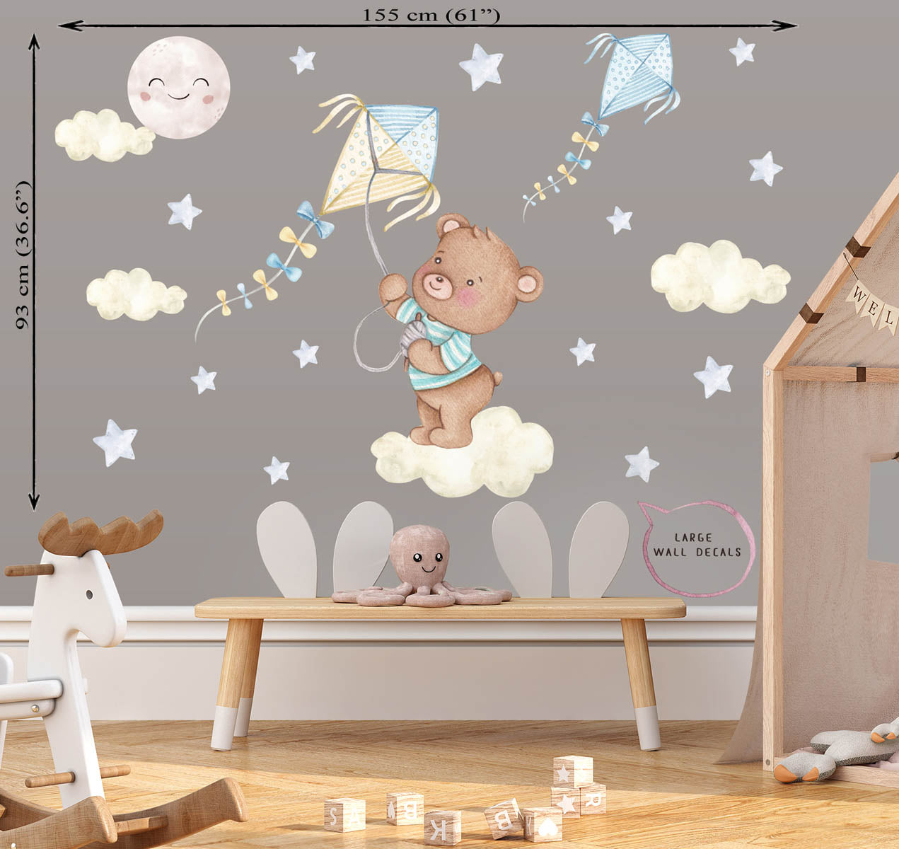 Teddy bear, blue stars. Boy nursery wall stickers.