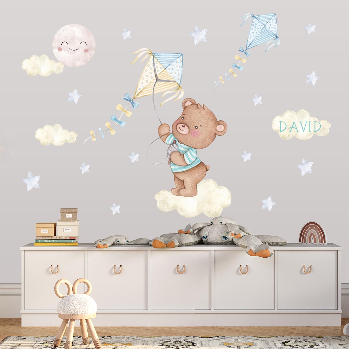 Teddy bear, cloud - large wall decals for boys room. Moon.