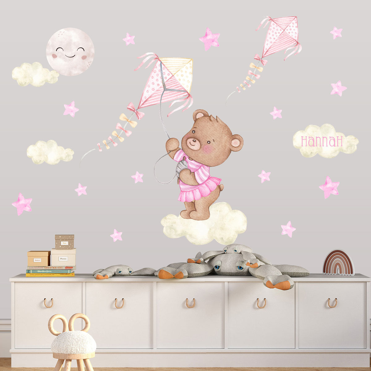 Teddy bear, cloud - large wall decals for girls room. Moon.