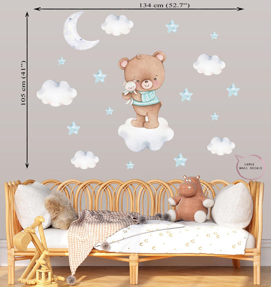 Teddy bear, cloud - large wall stickers for boys room. Stars.