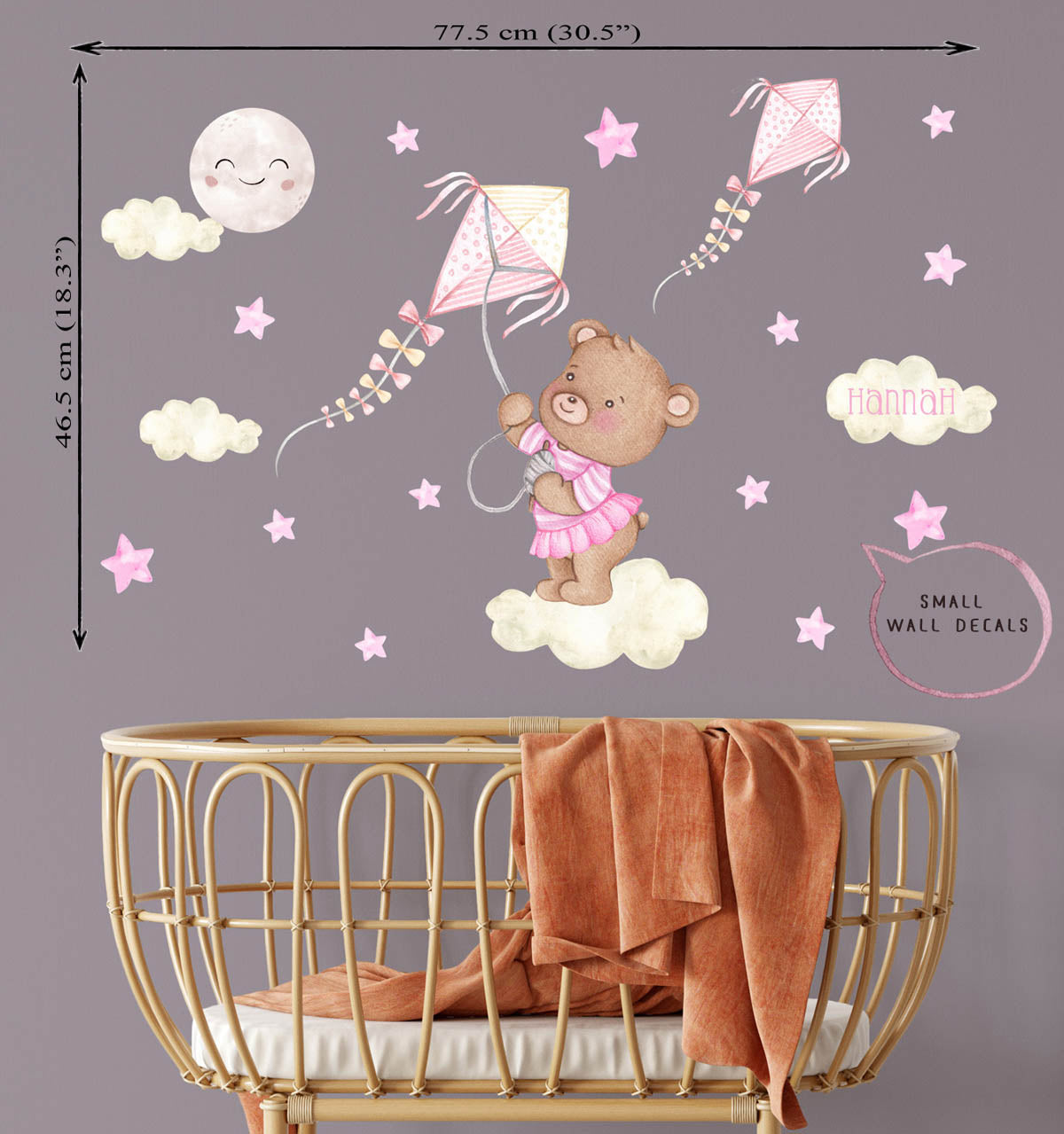 Teddy bear, kite - small wall stickers nursery. Stars.