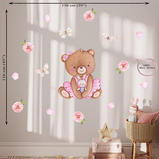 Teddy bear large wall stickers for girls room. Butterflies.