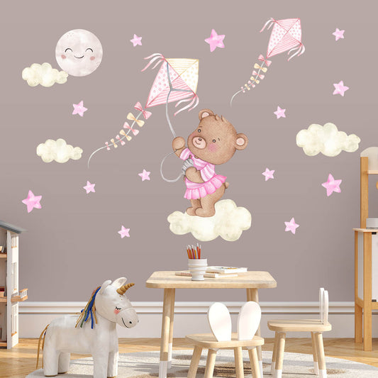 Teddy bear. Pink stars wall stickers for girl. Kids room.