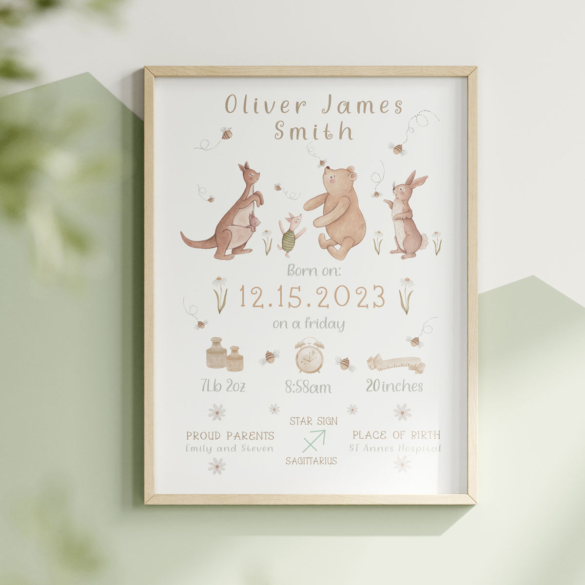Winnie-the-Pooh - baby birth print. Kanga, Piglet and Rabbit.