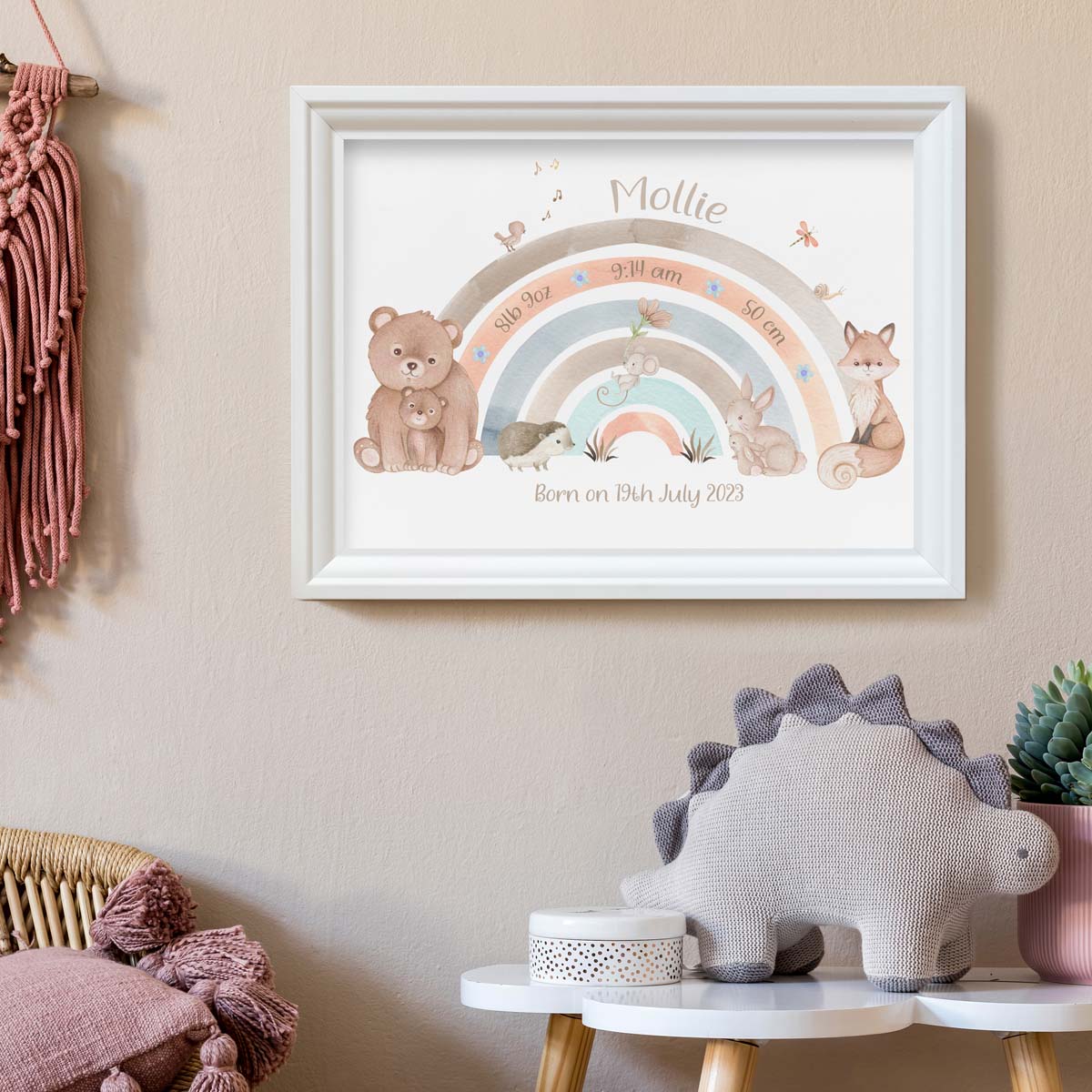 Woodland animals, fox - baby birth stats print. Rainbow.