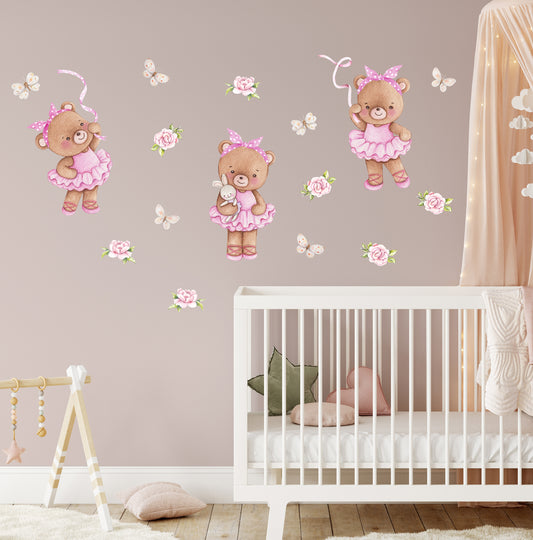 Ballerina teddy bears - big wall decals for baby's room. Butterflies and peonies.