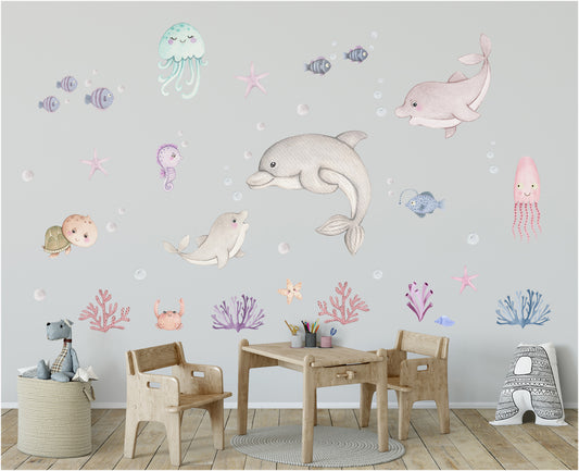 Dolphin wall stickers for kids room. Fish and sea.