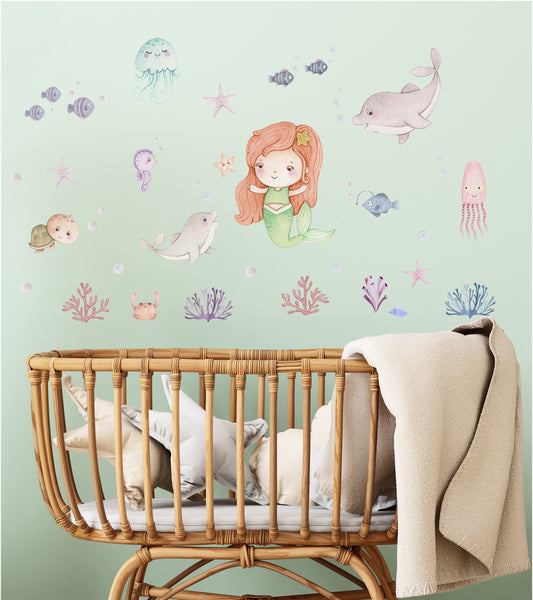 Mermaid and dolphin wall decals for girl's room. Ocean and fish.