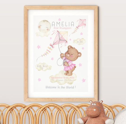 Teddy bear ballerina - birth stats print for girl. Moon, clouds and stars.