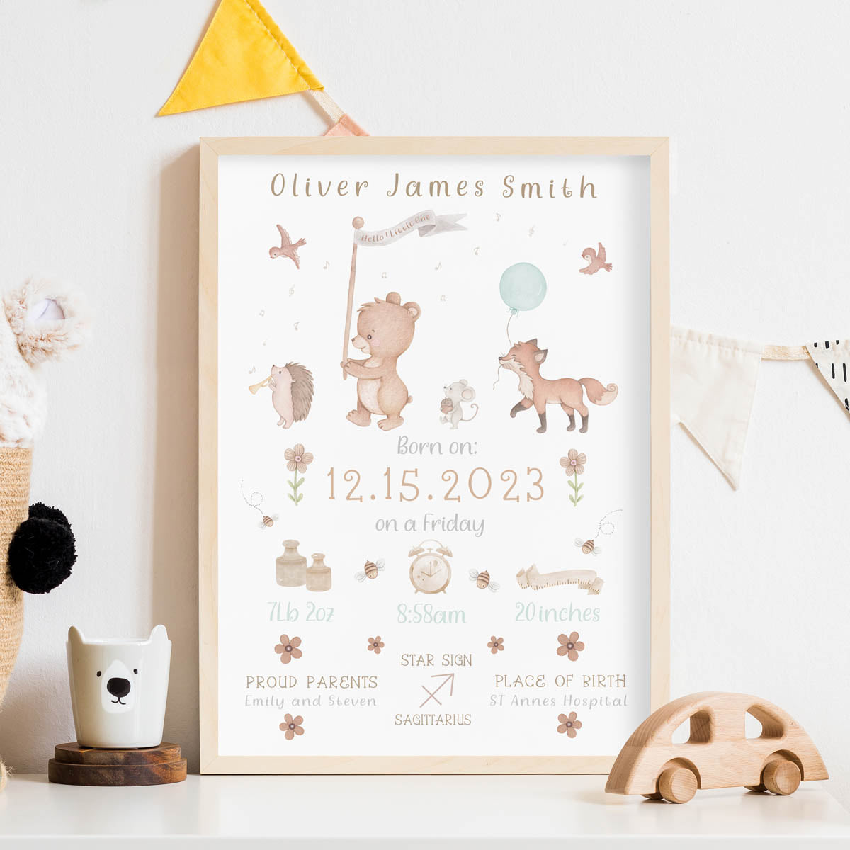 Animals nursery wall art. Newborn birth poster. Personalised.