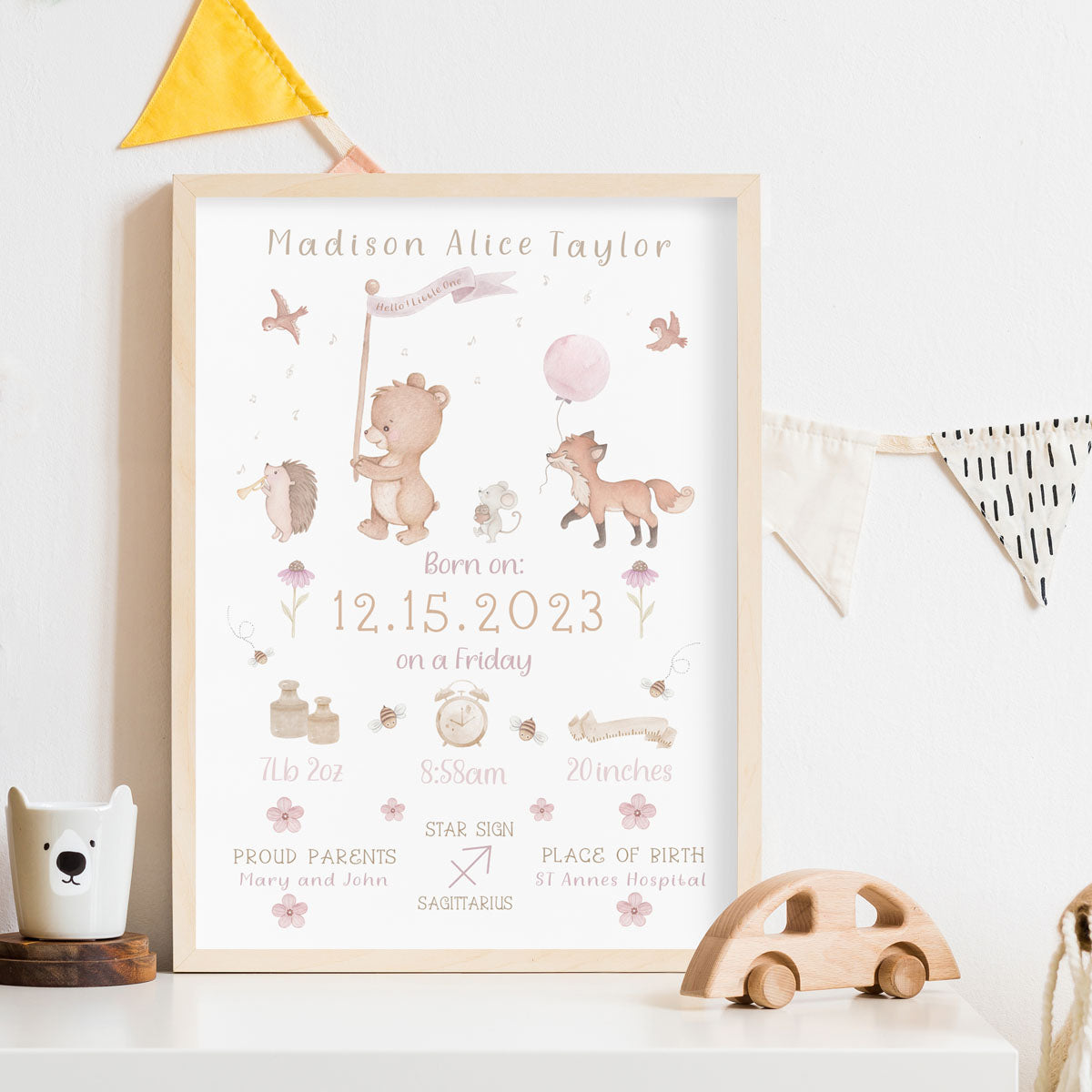 Animals nursery wall decor. Newborn birth poster personalized.