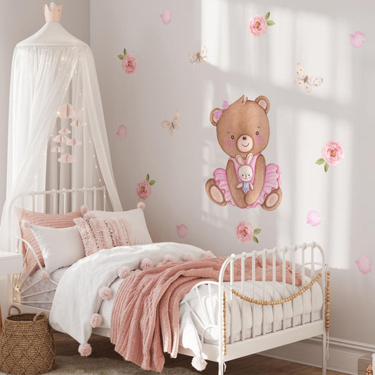 Ballerina teddy bear wall stickers. Girls room. Butterflies, roses.