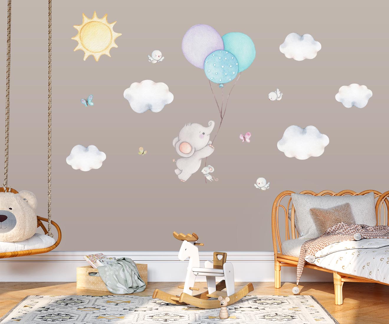 Balloons. Elephant big wall stickers. Boys room personalised.