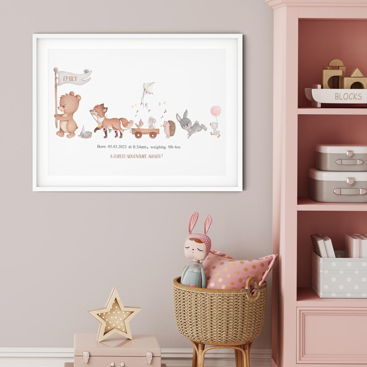 Bear, fox. Woodland birth details poster. New baby gift personalised.