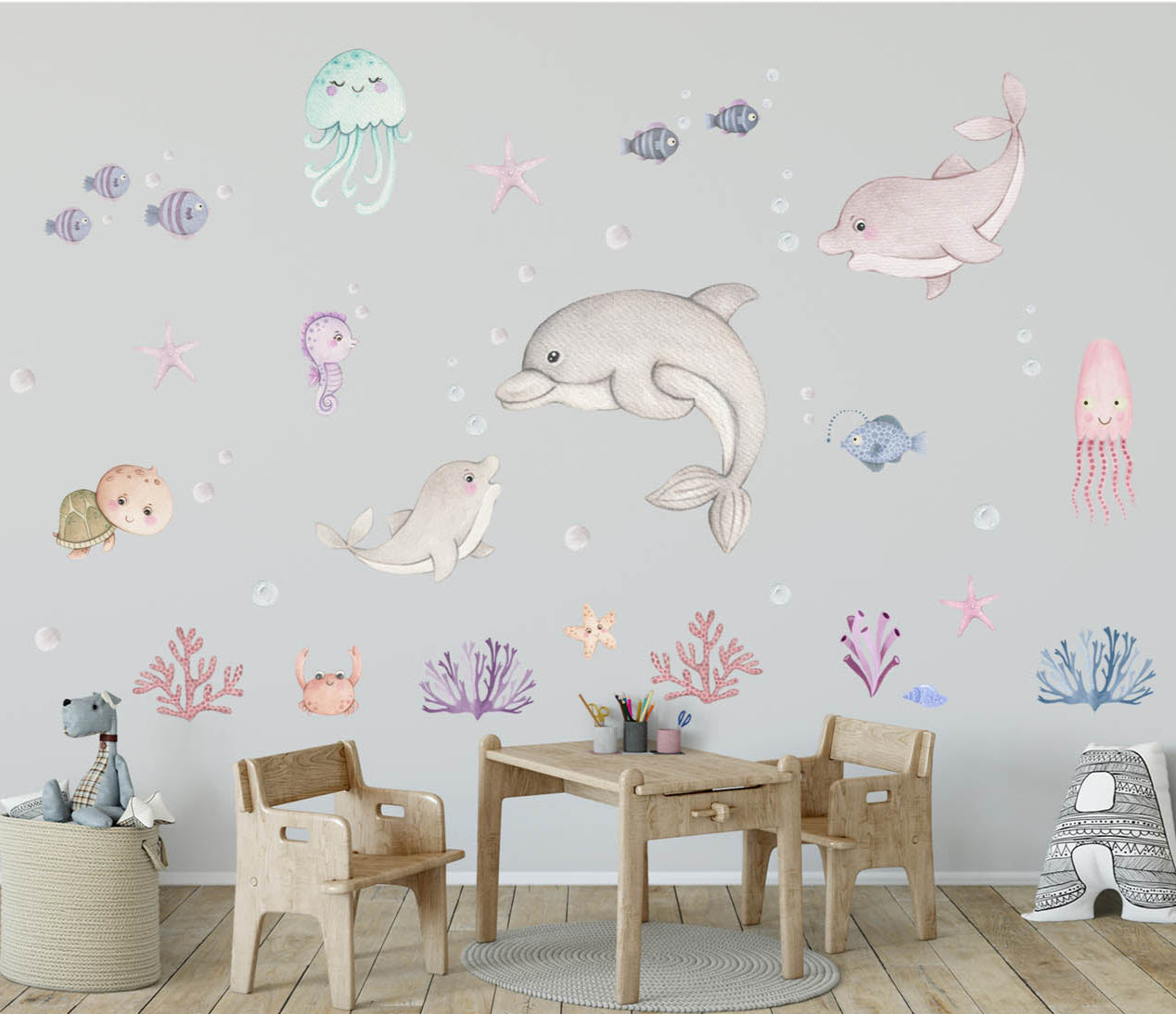 Dolphins, sea animals - wall stickers. Kids room. Jellyfish.