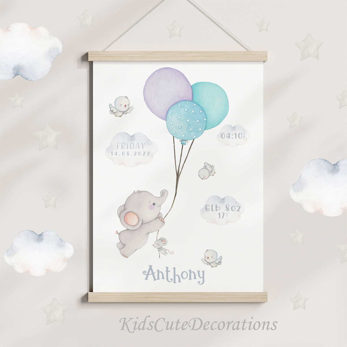 Elephant baby birth print. Blue balloons gift boy.