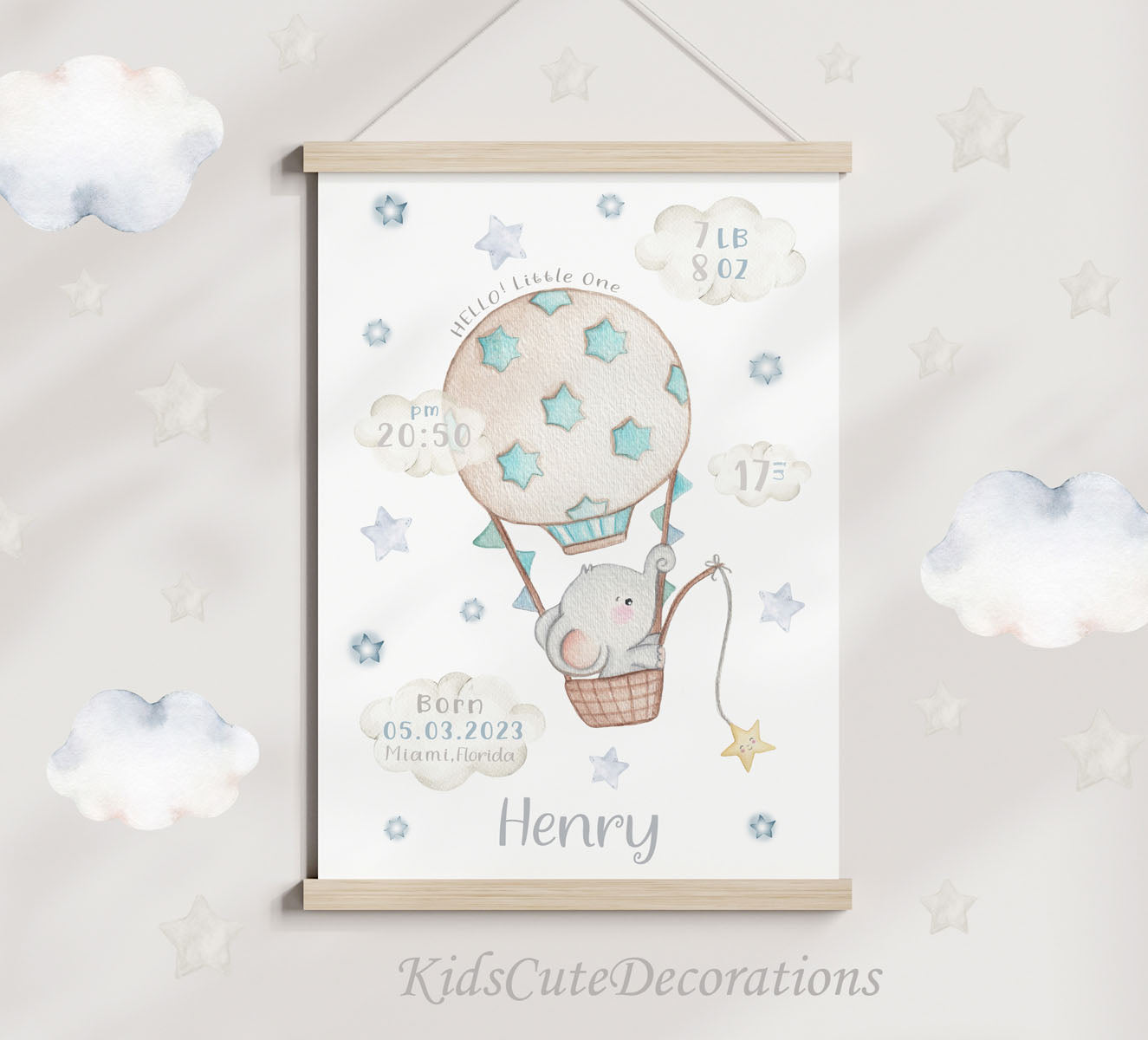 Elephant baby birth print. Hot air balloon. Gift for a boy.