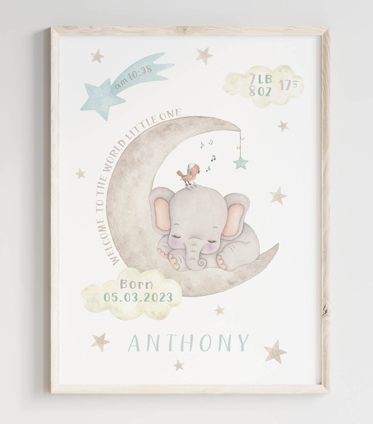 Elephant baby birth print. Moon. Gift for boy.