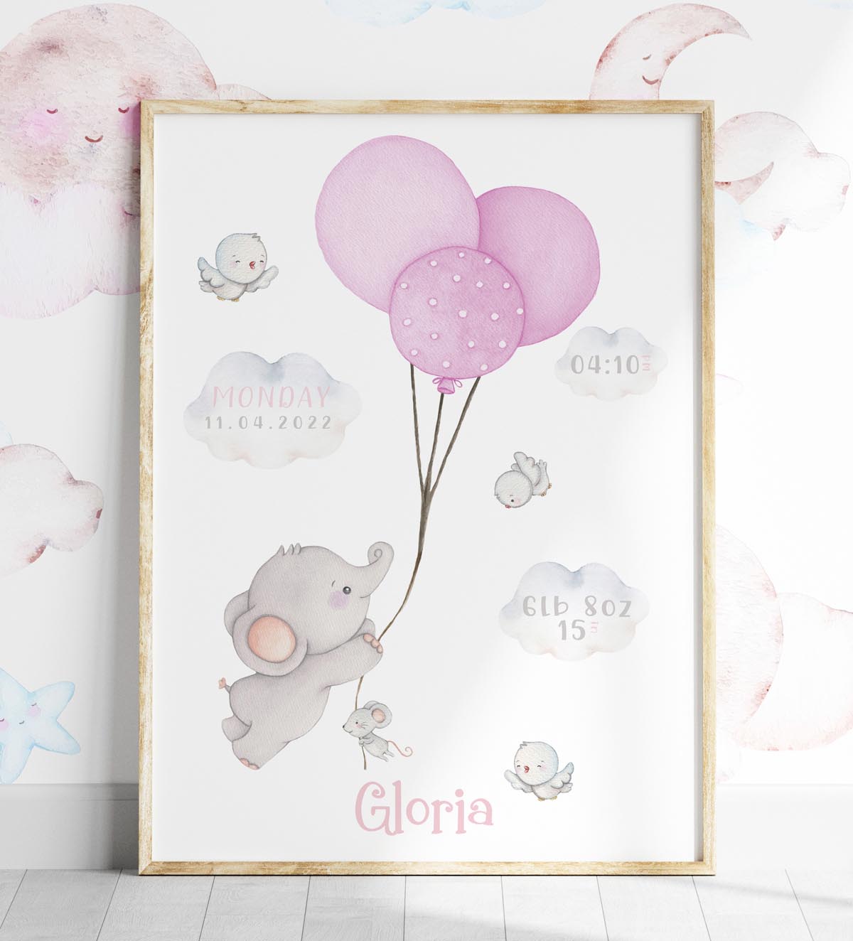 Elephant baby birth stats print. Pink balloons.