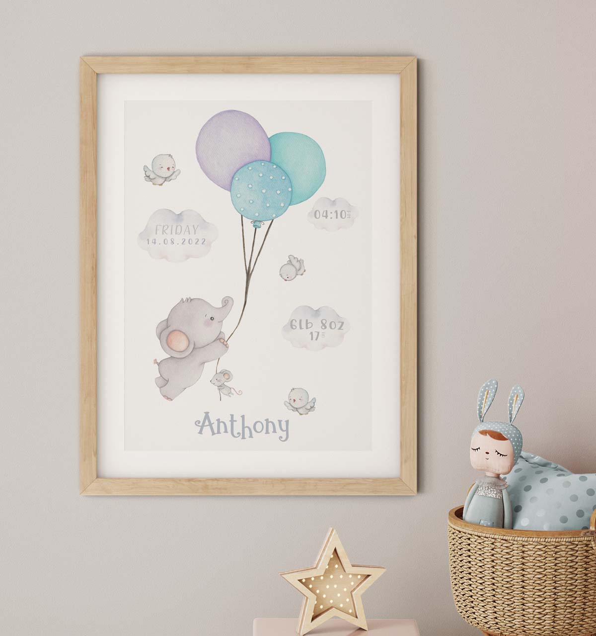 Elephant baby boy birth print. Blue balloons. Keepsake.