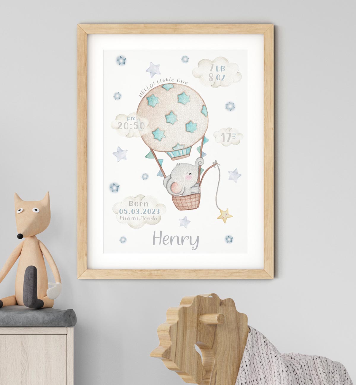 Elephant baby boy birth print. Blue stars and balloon. Keepsake.