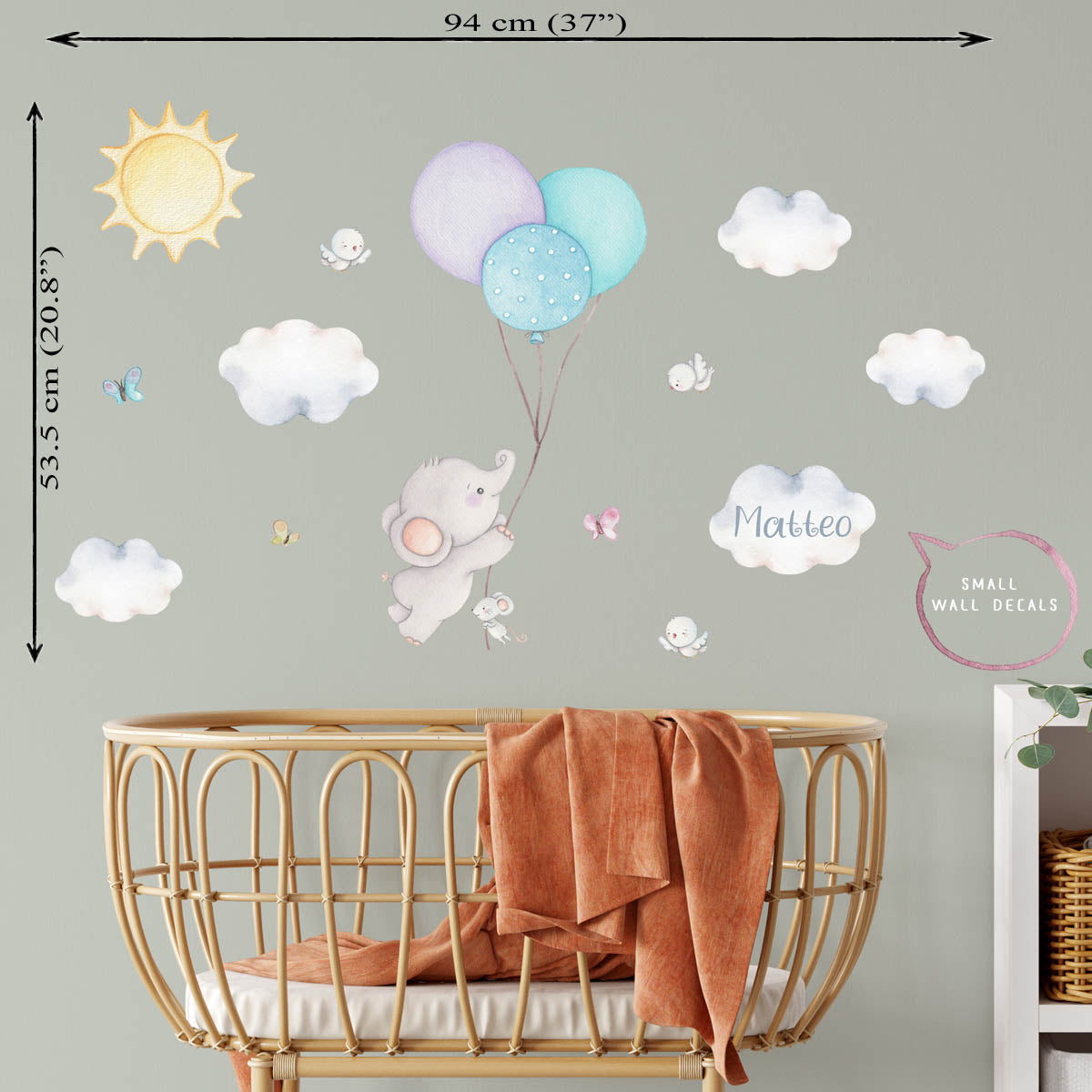 Elephant baby nursery small wall stickers. Balloons.