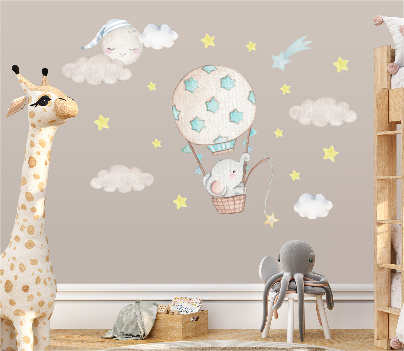 The elephant in the balloon. Wall decals for a baby room. Yellow stars.