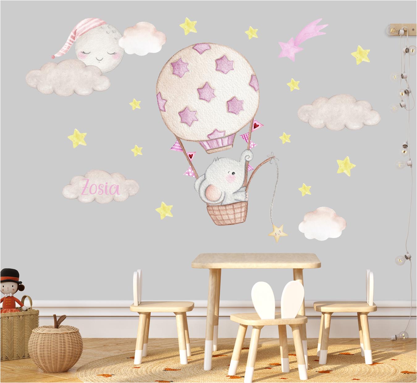 The elephant in the balloon. Personalized baby girl large wall stickers. Yellow pink stars.