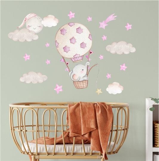 The elephant in the balloon. Personalized small wall stickers for baby room. Child's name and stars.