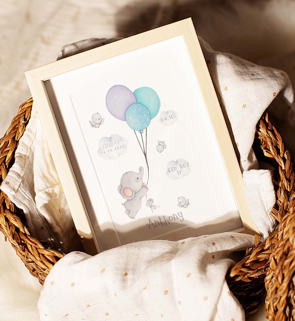 Elephant with balloons. Birth details print. New baby boy gift.