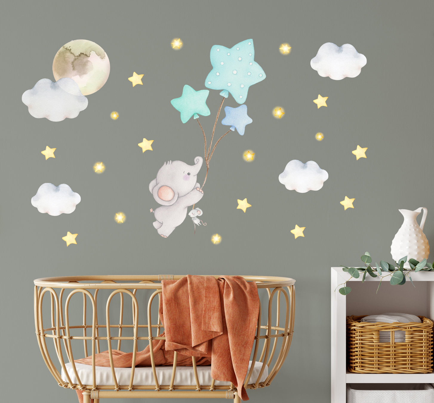 Elephant with balloons. Nursery small wall decals for baby's room. Gold stars and clouds.
