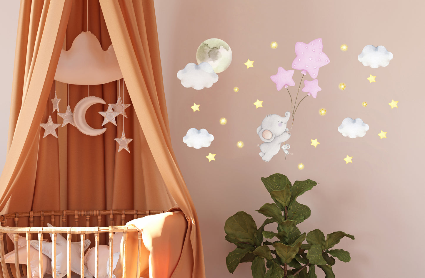 Elephant and balloons. Small wall decals for baby's room. Clouds and gold stars.