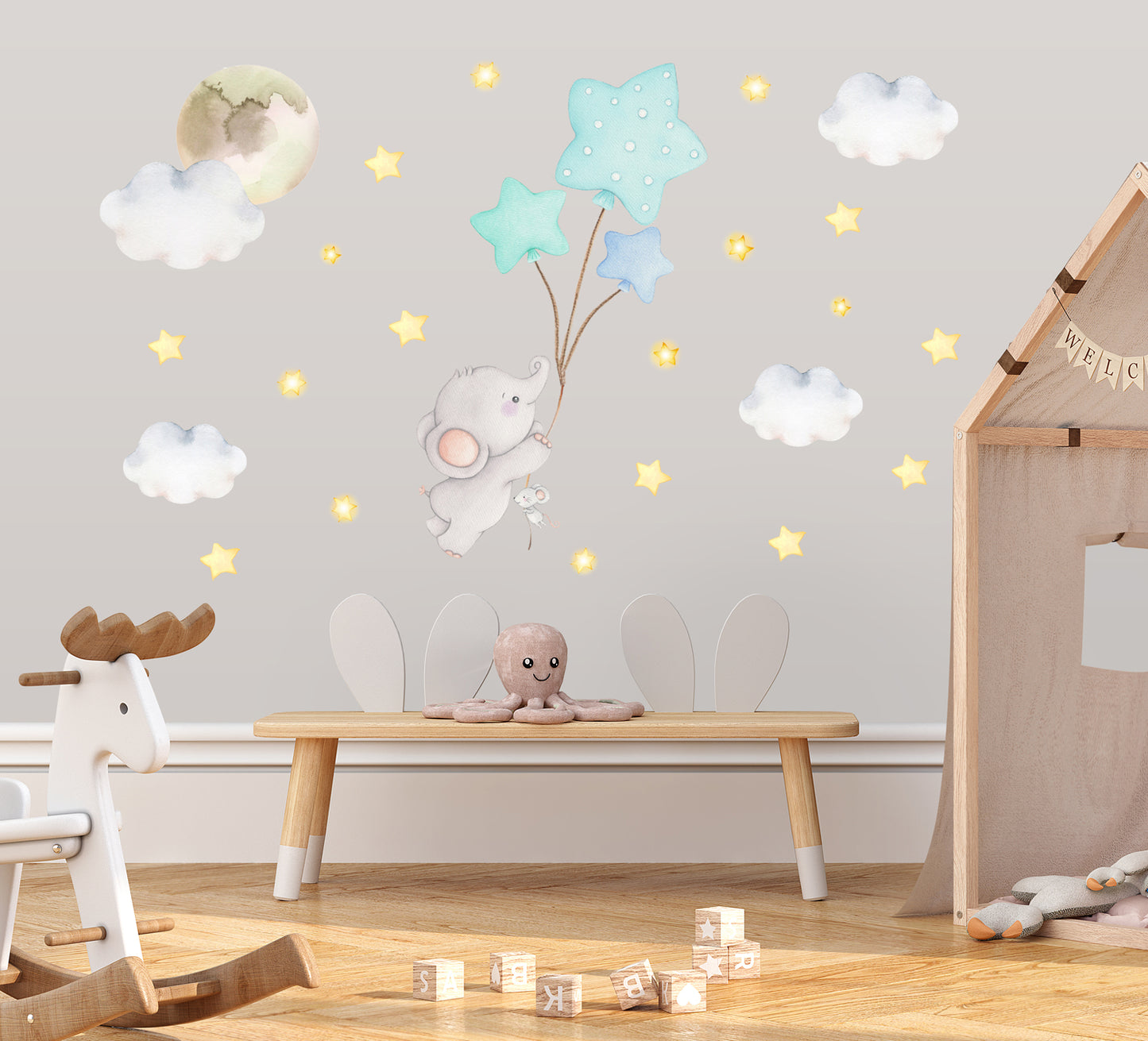 Elephant with balloons. Wall decals for child's room. Clouds and stars.