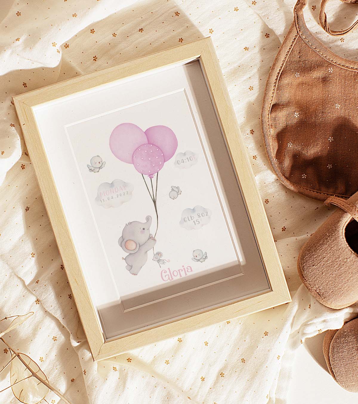 Elephant birth details poster. New baby gift personalised.